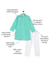 Load image into Gallery viewer, Campana Boys Palash Kurta Pyjama Set - Small Motif Print - Turquoise & White
