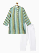 Load image into Gallery viewer, Campana Boys Palash Kurta Pyjama Set - Kantha Stripes - Aqua Blue & White