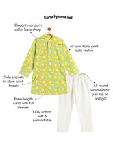 Load image into Gallery viewer, Campana Boys Palash Floral Printed Cotton Kurta Pyjama Set - Lime Green & Turquoise