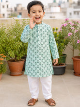 Load image into Gallery viewer, Campana Boys Palash Pure Cotton Block Print Kurta Pyjama Set - Light Green