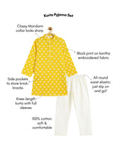 Load image into Gallery viewer, Campana Boys Palash Pure Cotton Blockprint & Kanthawork Kurta Pyjama Set - Yellow & White