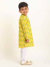 Load image into Gallery viewer, Campana Boys Palash Kurta Pyjama Set - Round Flower Print - Mustard, Teal & White