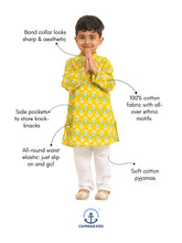 Load image into Gallery viewer, Campana Boys Palash Kurta Pyjama Set - Round Flower Print - Mustard, Teal & White