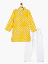 Load image into Gallery viewer, Campana Boys Palash Kurta Pyjama Set - Block Print - Lemon Yellow & White