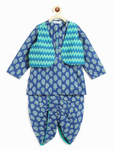 Load image into Gallery viewer, Campana Boys Mahiya Dhoti Kurta with Jacket Set - Block Print & Chevron - Ink Blue & Sea Green