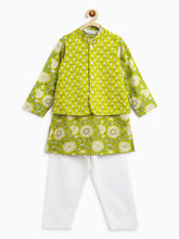 Load image into Gallery viewer, Campana Boys Nishant Kurta Pyjama with Jacket Set - Paisley & Floral Print- Lime Green
