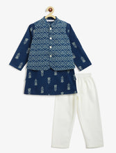 Load image into Gallery viewer, Campana Boys Nishant Floral Printed Cotton Kurta Pyjama Jacket Set - Navy Blue