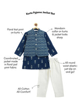 Load image into Gallery viewer, Campana Boys Nishant Floral Printed Cotton Kurta Pyjama Jacket Set - Navy Blue