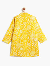Load image into Gallery viewer, Campana Boys Nishant Kurta Pyjama with Jacket Set - Floral & Leaf Zigzag Print - Yellow