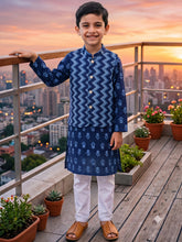 Load image into Gallery viewer, Campana Boys Nishant Pure Cotton Printed Kurta Pyjama with Jacket Set - Navy Blue & Whitewith Jacket Set - Floral & Leaf Zigzag Print - Yellow (Copy)