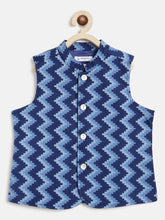 Load image into Gallery viewer, Campana Boys Nishant Pure Cotton Printed Kurta Pyjama with Jacket Set - Navy Blue & Whitewith Jacket Set - Floral & Leaf Zigzag Print - Yellow (Copy)