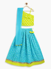 Load image into Gallery viewer, Campana Girls Shama One Shoulder Choli with Lehenga & Dupatta Set - Block Print & Bandhini - Lime Green & Blue