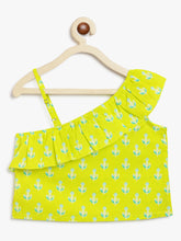 Load image into Gallery viewer, Campana Girls Shama One Shoulder Choli with Lehenga & Dupatta Set - Block Print & Bandhini - Lime Green & Blue