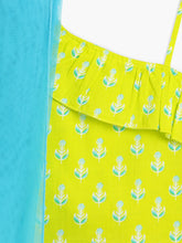 Load image into Gallery viewer, Campana Girls Shama One Shoulder Choli with Lehenga & Dupatta Set - Block Print & Bandhini - Lime Green & Blue