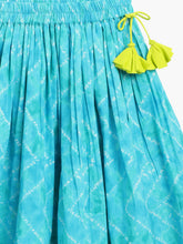 Load image into Gallery viewer, Campana Girls Shama One Shoulder Choli with Lehenga & Dupatta Set - Block Print & Bandhini - Lime Green & Blue