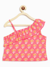 Load image into Gallery viewer, Campana Girls Shama One Shoulder Choli with Lehenga & Dupatta Set - Block Print & Bandhini - Peach & Lime Green