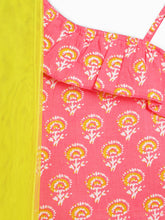 Load image into Gallery viewer, Campana Girls Shama One Shoulder Choli with Lehenga & Dupatta Set - Block Print & Bandhini - Peach & Lime Green