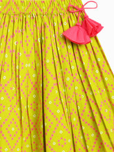 Load image into Gallery viewer, Campana Girls Shama One Shoulder Choli with Lehenga & Dupatta Set - Block Print & Bandhini - Peach & Lime Green