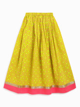 Load image into Gallery viewer, Campana Girls Shama One Shoulder Choli with Lehenga & Dupatta Set - Block Print & Bandhini - Peach & Lime Green