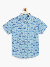 Load image into Gallery viewer, Campana Boys Yuki Short Sleeve Cotton Shirt - Fire Truck Print - Sky Blue