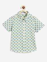 Load image into Gallery viewer, Campana Boys Yuki Short Sleeve Cotton Shirt - Block Print - White, Blue & Green