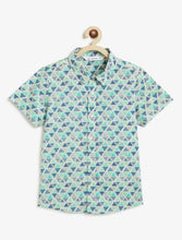 Load image into Gallery viewer, Campana Boys Yuki Short Sleeve Cotton Shirt - Triangle Print - Blue & Green