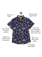 Load image into Gallery viewer, Campana Boys Yuki Tropical Print Short Sleeves Cotton Shirt - Navy Blue