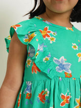 Load image into Gallery viewer, Campana Girls Janet Frilly Dress - Floral Bloom Print - Green & Multicolour