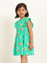 Load image into Gallery viewer, Campana Girls Janet Frilly Dress - Floral Bloom Print - Green & Multicolour