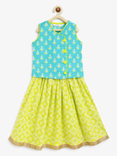 Load image into Gallery viewer, Campana Girls Papiha Lehenga Choli Set - Floral Lattice Print - Turquoise & Lime Green