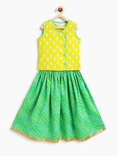 Load image into Gallery viewer, Campana Girls Papiha Lehenga Choli Set - Floral & Leheriya Print - Lime Green & Turquoise