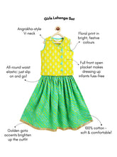 Load image into Gallery viewer, Campana Girls Papiha Lehenga Choli Set - Floral & Leheriya Print - Lime Green & Turquoise
