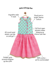 Load image into Gallery viewer, Campana Girls Papiha Pure Cotton Floral Printed Lehenga Choli Set - Turquoise & Pink