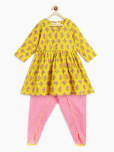 Load image into Gallery viewer, Campana Girls Sanah Dhoti Kurta Set - Floral Stalks Print - Yellow & Pink