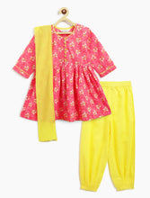Load image into Gallery viewer, Campana Girls Sanvi Kurti with Salwar & Dupatta Set - Floral Print - Pink & Yellow