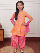 Load image into Gallery viewer, Campana Girls Sanvi Suit Set with Dupatta - Pastel Floral Print - Orange & Pink