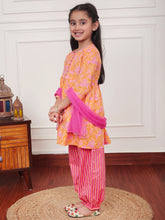 Load image into Gallery viewer, Campana Girls Sanvi Suit Set with Dupatta - Pastel Floral Print - Orange & Pink