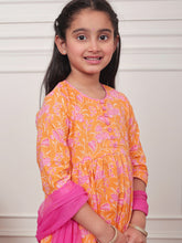 Load image into Gallery viewer, Campana Girls Sanvi Suit Set with Dupatta - Pastel Floral Print - Orange & Pink