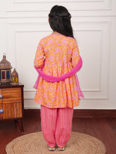 Load image into Gallery viewer, Campana Girls Sanvi Suit Set with Dupatta - Pastel Floral Print - Orange & Pink
