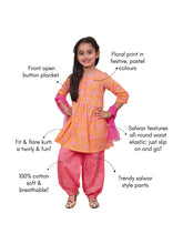 Load image into Gallery viewer, Campana Girls Sanvi Suit Set with Dupatta - Pastel Floral Print - Orange & Pink
