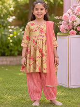 Load image into Gallery viewer, Campana Girls Sanvi Pure Cotton Floral Printed Suit Set with Dupatta - Sea Green & Pink