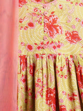 Load image into Gallery viewer, Campana Girls Sanvi Pure Cotton Floral Printed Suit Set with Dupatta - Sea Green & Pink