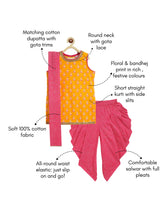 Load image into Gallery viewer, Campana Girls Kiran Kurti with Patiala Dhoti & Dupatta - Floral Bandhej Print - Yellow & Magenta