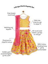 Load image into Gallery viewer, Campana Girls Bela Cotton Lehenga Choli Set - Floral Block & Jaal Print - Yellow & Pink