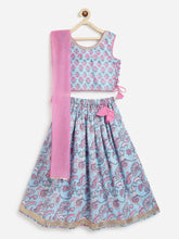 Load image into Gallery viewer, Campana Girls Bela Pure Cotton Floral Block & Jaal Print Lehenga Choli Set - Light Blue & Purple