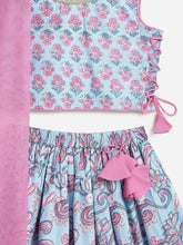 Load image into Gallery viewer, Campana Girls Bela Pure Cotton Floral Block & Jaal Print Lehenga Choli Set - Light Blue & Purple