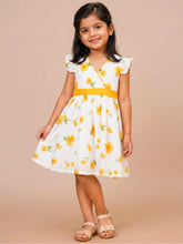Load image into Gallery viewer, Campana Girls Ruby Crossover Cotton Dress - Sunflower Print - White & Yellow