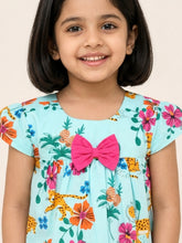 Load image into Gallery viewer, Campana Girls Suzy Pure Cotton Tropical Print Dress with Bow - Light Blue