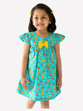 Load image into Gallery viewer, Campana Girls Suzy Dress with Bow - Strawberries Print - Blue & Yellow