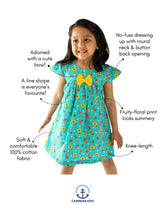 Load image into Gallery viewer, Campana Girls Suzy Dress with Bow - Strawberries Print - Blue & Yellow